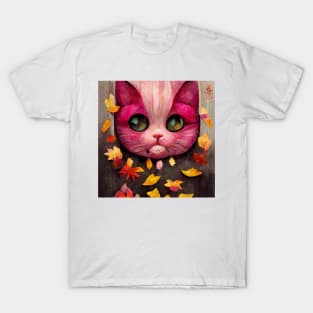 Adorable happy pink cute Kitty On The Autumn leaves cats lover gift T-Shirt